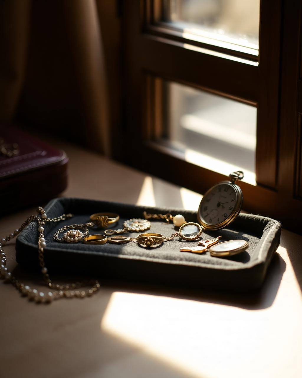 Geërfde sieraden op een fluwelen dienblad in warm licht